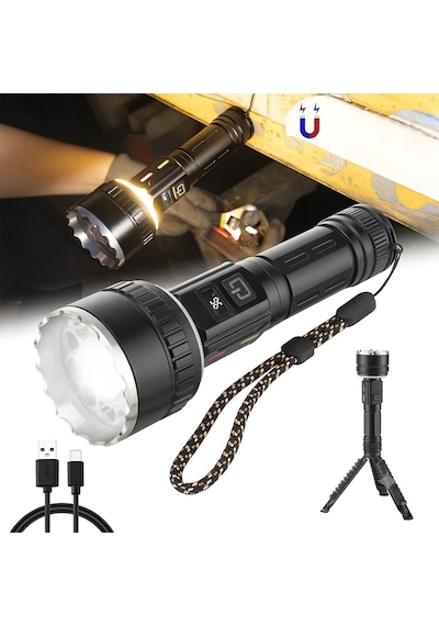 Güçlü Led El Feneri Tam Set - Tripod + Sert Taşıma Çantası + Şarj Kablosu Ve Bilek Askılı & Powerbank Özellikli 10 Mod Gri