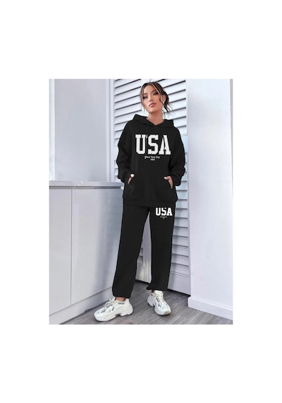 Tarzsokak Siyah Usa Dijital Baskılı Kışlık Unisex Eşofman Takımı