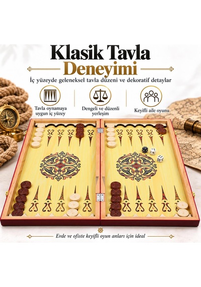 Jumbo Boy Doğal Ahşap Tavla Ve Dama Seti 2'si 1 Arada Denizci Temalı Hediyelik & Dekoratif Set