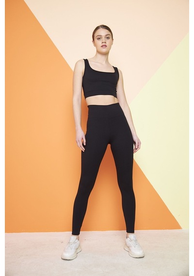 Thıff Gymwear Haki Yüksek Bel Fitilli Toparlayıcı Interlok Örme Spor Dar Paça Kadın Tayt Siyah