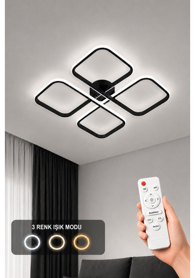 Nuvo Led Plafonyer Avize 3 Renk Kumandalı Siyah