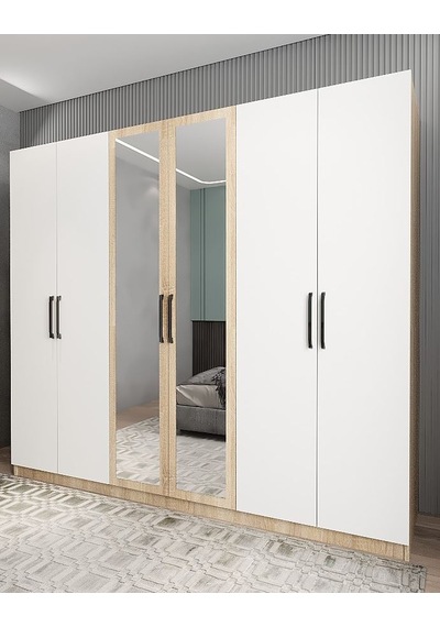 Alessi 6 Kapaklı Dolap Gardırop Meşe Beyaz - Montaj Dahil