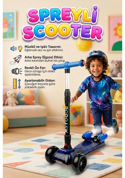 Işıklı Sesli Duman Atan 100 Kg Taşıma Kapasiteli Desenli Büyük Boy 3 Tekerlekli Çocuk Scooter Mor