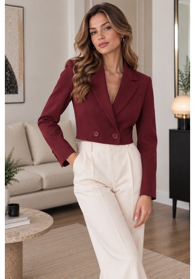 Lima Bordo Kadın Crop Blazer Ceket Kruvaze Yaka Çift Düğmeli Kısa Ceket