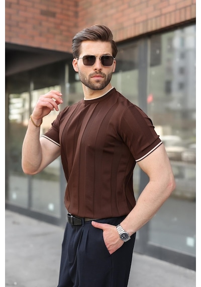 Madmext Kahverengi Bisiklet Yaka Regular Fit Triko Erkek Tişört E7487