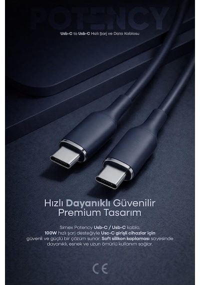 100w Potency Type-c To Type-c Isıya Dayanıklı Hızlı Şarj Ve Data Kablosu 1.2m Siyah