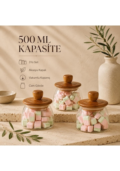3'lü Set 500 Ml Akasya Kapaklı Vakumlu Cam Kavanoz Saklama Kabı, Kahve Kuruyemiş Baharat Ve Erzak Düzenleyici Diğer