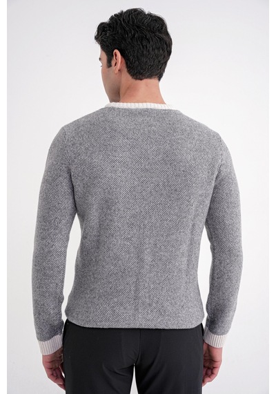Slim Fit Renkli Ribanalı Ekru Gri Yünlü Bisiklet Yaka Triko Kazak Tr 890 Ekru-gri
