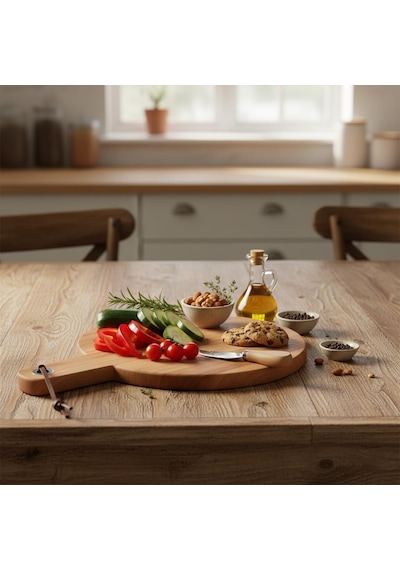 Akasya Ahşap Yuvarlak Sunum Tabağı 20x30 Cm Doğal Saplı Peynir, Şarküteri, Pizza Ve Meze Servis Tahtası Küçük Boy Modern Ahşap Sunumluk 1.2 Cm Kalınlık Çok Renkli
