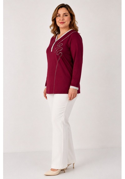 Bihan Store Detay.y26-642 V Yaka Penye Bluz Bordo