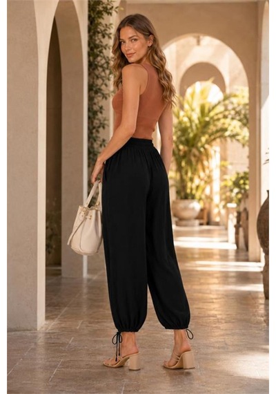 Neşeli Butik Kadın Siyah Bel Ve Paça Ayarlanabilir Lastikli Sandy Kumaş Şalvar Pantolon Nbpnt001