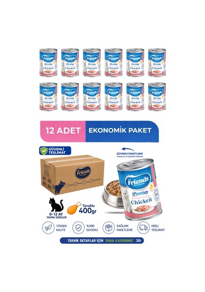 Premium Tavuklu Yavru Kedi Konservesi 400 Gr X 12 Adet Ekonomik Paket Yaş Mama 0-12 Ay