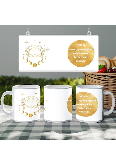 Yengeç Burç Kupa Bardak - Altın Renkli Burç Simge Ve Sözleri İle Tasarım - Doğum Günü Hediye Beyaz