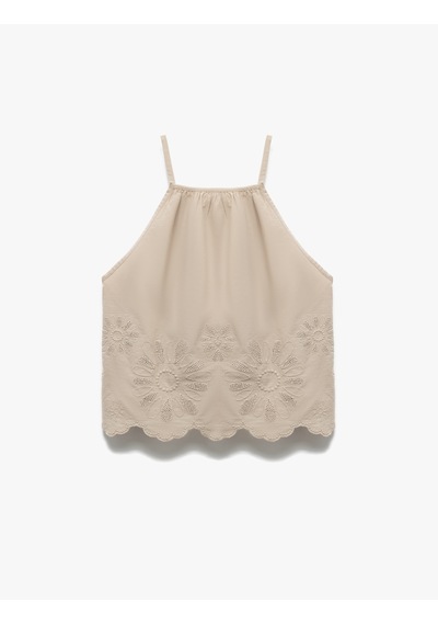 Koton Pamuklu Floral Dokulu Fistolu Brodeli Halter Yaka Askılı Bluz Vizon 5sak30034pw