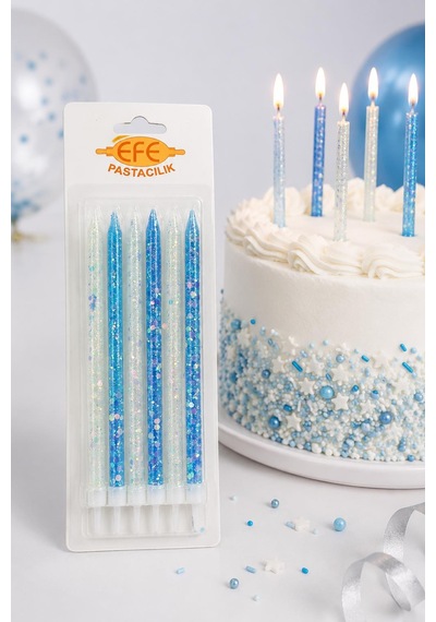 Mavi Beyaz Uzun Pul Simli Pasta Mumu 17 Cm Karışık