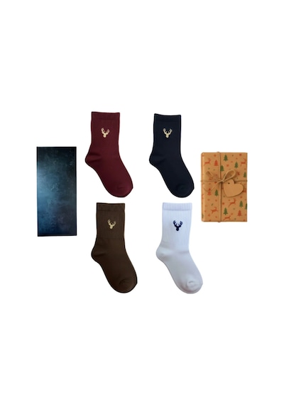 Premium Unisex Geyik Nakışlı Kadın Erkek Çorap 6 Lı Set Yazlık Kışlık Pamuklu Çorap Kutulu Çok Renkli