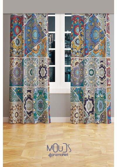 Mosque Tiles 4 Desenli Süet Oturma Odası Salon Fon Perde Baskılı Ekstrafor Büzgü 2 Kanat Prd-1087 Çok Renkli
