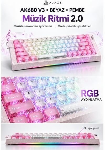 Ajazz Ak680 V3 8000 Hz Manyetik Rgb Oyuncu Klavyesi Beyaz Pembe Thunder Crystal