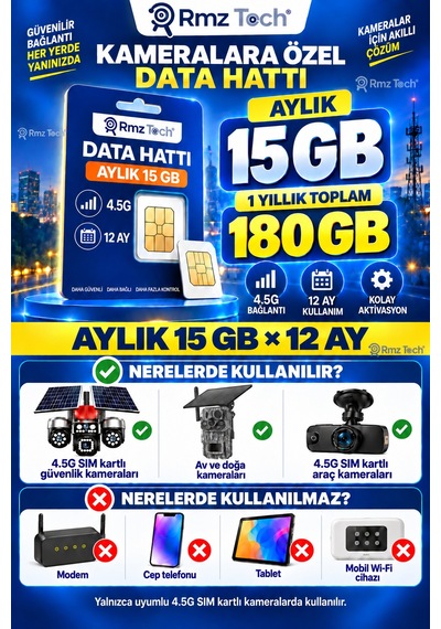 Rmztech 1 Yıllık Sım Kart Aylık 15 Gb İnternet Solar 4g Güvenlik Kameraları İçin