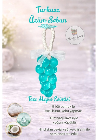 El Yapımı Üzüm Salkım Sabun Turkuaz Kurdelalı Karışık Meyve