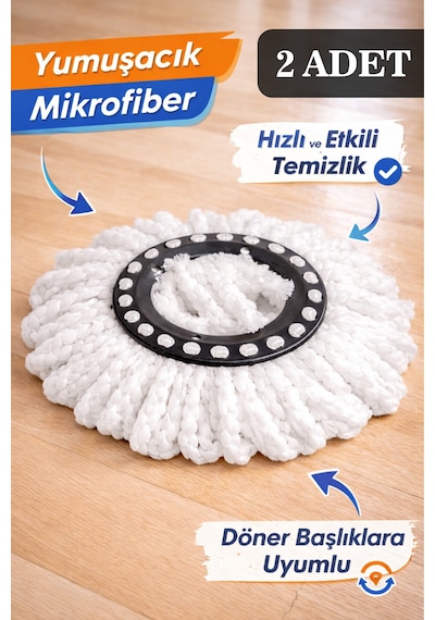 2'li Mop Set Çizmez Mikrofiber Başlık Döner Paspas Havlu Yedeği - Mop Uçlarına Uygun Temizlik Bezi