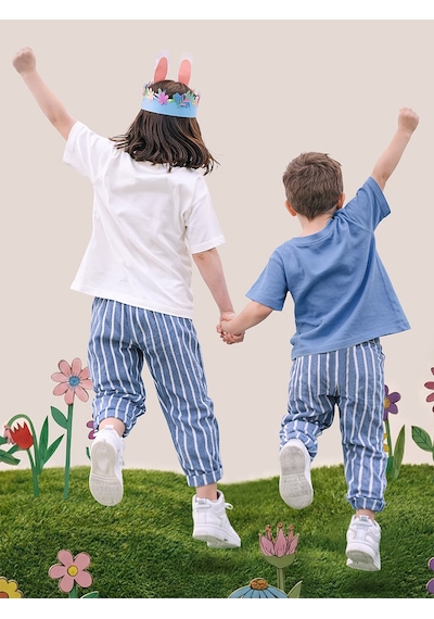 Mavi Çizgili Dokuma Unisex Kız Erkek Çocuk Dokuma Pantolon İlkbahar-Yazlık 2-8 Yaş