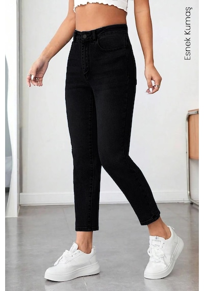 Woddi Mom Siyah Kadın Likralı Mom Jean Kot Pantolon-2