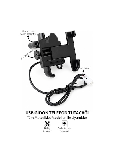 Motosiklet Uyumlu Usb Gidon Telefon Tutacağı Tüm Yıllar Abs Plastik + Metal Siyah Renk