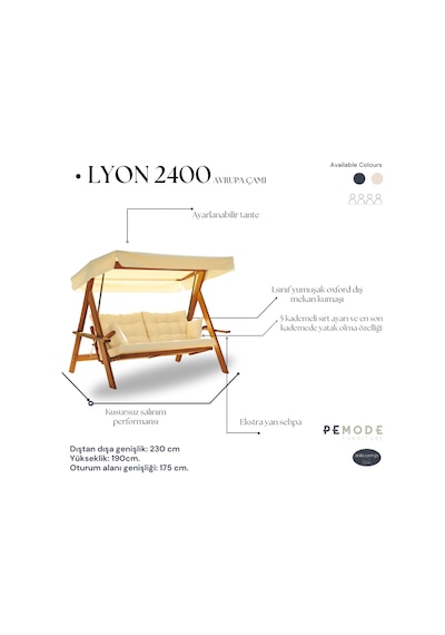 Lyon 2400 4 Kişilik Ahşap Bahçe Salıncağı, Balkon Teras Salıncağı, Yatak Özellikli Antrasit