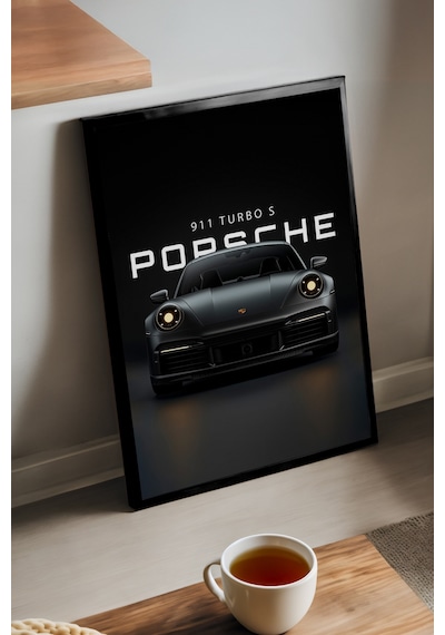 Porsche 911 Turbo S Siyah Ahşap Çerçeveli Poster, Dekoratif Araba Duvar Tablosu