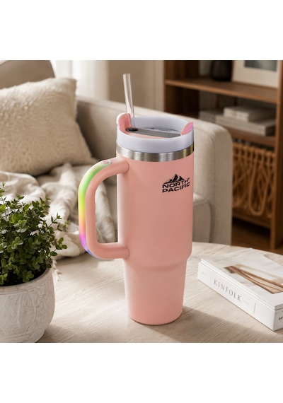 Led Işıklı Kulplu Pipetli Termos - 900 Ml Pembe
