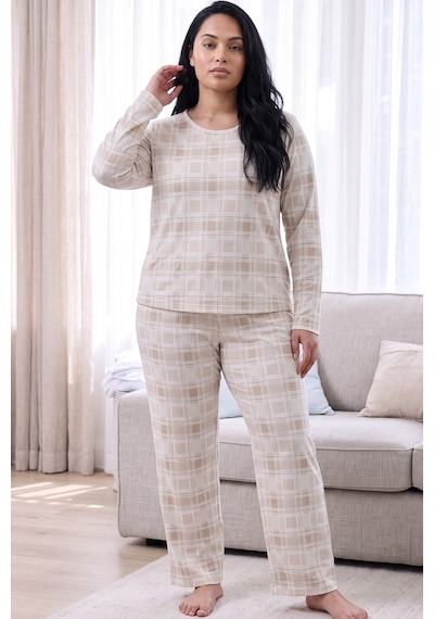 Siyah İnci Desenli Termal Kumaşlı Ultra Soft Yumuşak Büyük Beden Battal Boy Örme Pijama Takımı 26226718 Krem
