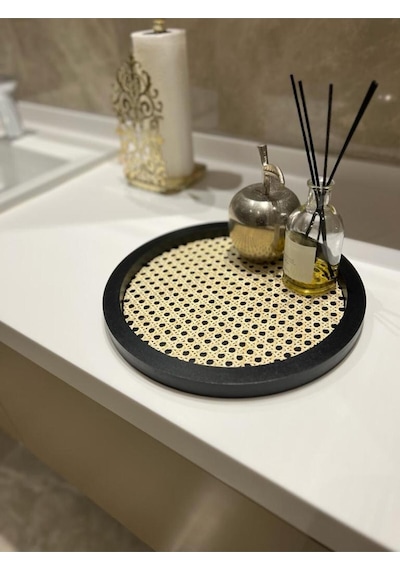 Rattan Hazeran Yuvarlak Tepsi Siyah %100 Doğal Hazeran M021