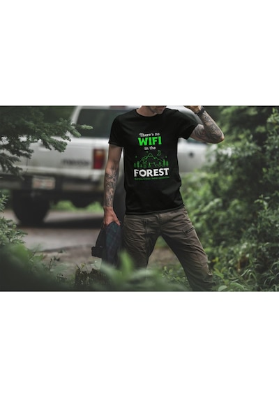 Outdoor Doğa Kamp No Wifi Tasarım Baskılı %100 Pamuk Regular Fit Siyah T-shirt Siyah