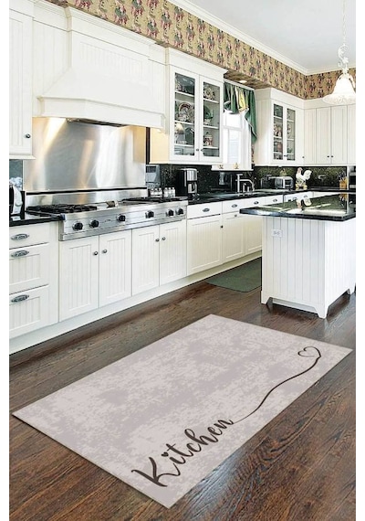 Bej Kaymaz Tabanlı Kitchen Yazılı Mutfak Halısı Yolluk Vh090n11