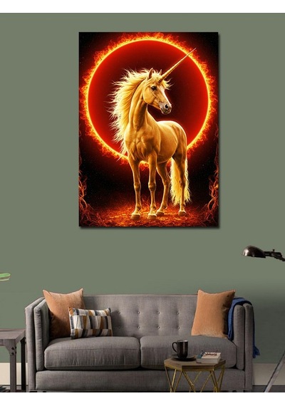 Kanvas Tablo Ateş Çemberinde Altın Unicorn 100cmx140cm