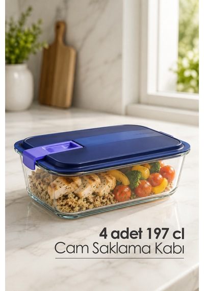 Temp Easy Box Dikdörtgen Mavi Kapak 197cl 4'lü Cam Saklama Kabı Seti Kapaklı Gıda Saklama Kabı Çok Renkli