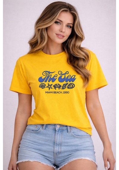 Herkesemoda The Sea Baskı Detaylı Basic T-shirt Sarı