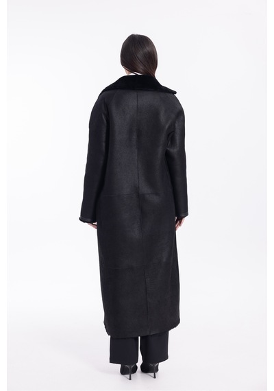 M M Marki Marki Kadın Siyah Hakiki Deri Oversize Palto İçi Kürklü Kuşaklı Premium 120 Cm - 121922