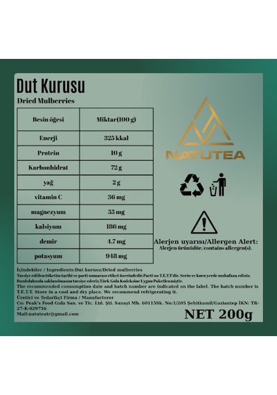 Natutea Dut Kurusu 200 G Kuru Meyve 200 G