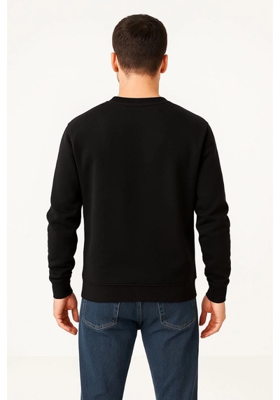 Erkek 3 İplik Pamuklu Düz Bisiklet Yaka Sweatshirt - Siyah
