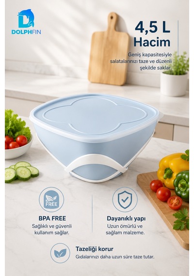 4,5 L Kapaklı Salata Saklama Kabı Bpa Free Taşıma Saplı Mavi Çok Renkli