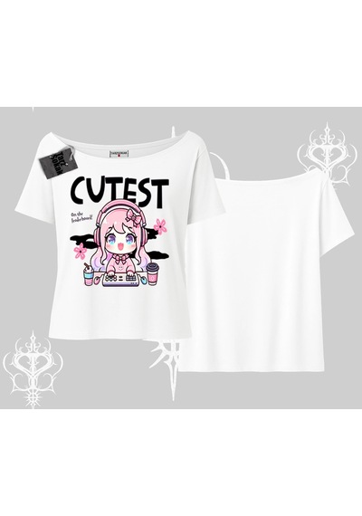 Startmore Startmore Kayık Yaka Tshirt Cute Anime Gamer Girl Baskılı Beyaz