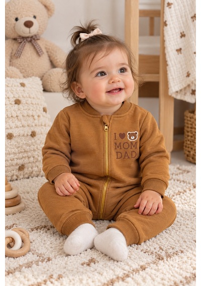 Beniizle Baskılı Unisex 3 İplik Şardonlu Fermuarlı Bebek Tulum Kahverengi