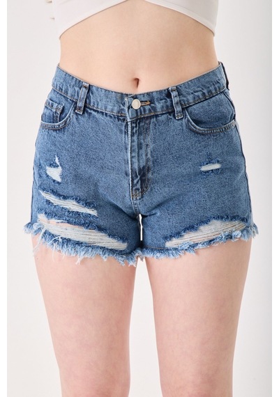 Eseclass Modern Kesim Yüksek Bel Püskül Paça Denim Şort Koyu Mavi Koyu Mavi