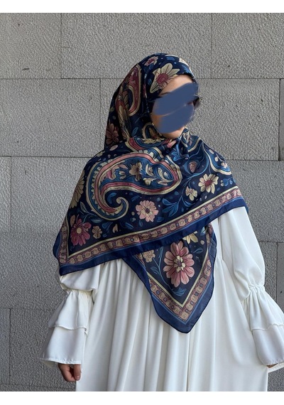 Qalortex Scarf Pamuklu Vintage Desen Eşarp-lacivert