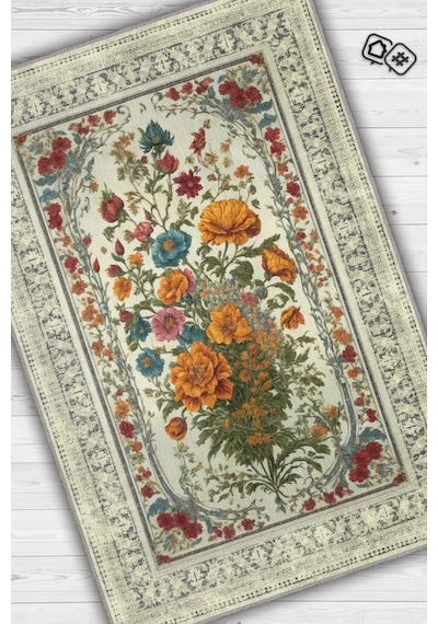 Homshtag Art Deco Kır Çiçeği Vintage Halı Görünümlü Dijital Baskı Renkli Halı Rustik Çiçekli Halı Çok Renkli