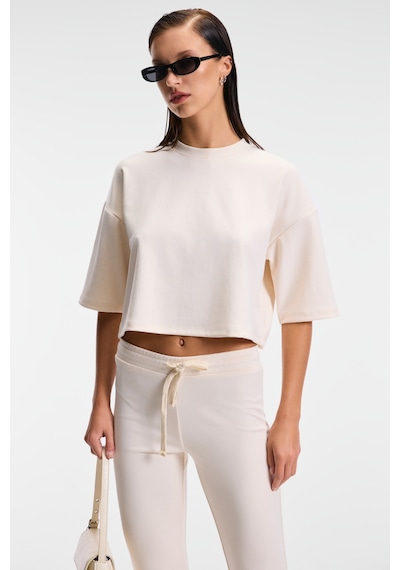 Ethıquet Vela Kadın Esnek Kumaşlı Bisiklet Yaka Oversize Fit Bej T-shirt Bej