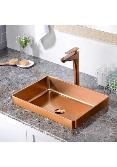 Alfas Aura Dikdörtgen 51x36cm Pvd Rose Gold Tezgah Üstü Tezgah Altı Banyo Mutfak Lavabo 304 Çelik