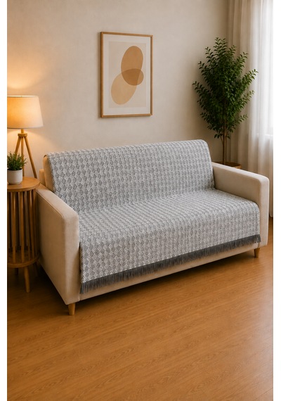 Çift Taraflı Buldan Dokuma Pamuklu Koltuk Örtüsü 170x210 Cm Çekyat Örtüsü Geometrik Desenli Koltuk Şalı Antresit